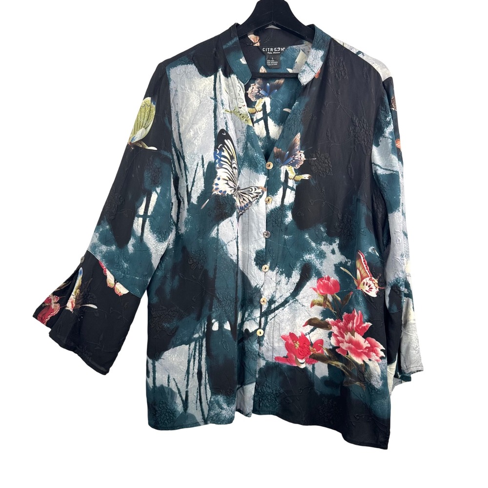 Citron Silk Blouse sz L Black Butterfly Floral Jacquard Bell Sleeve whimsigoth